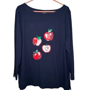LOFT Navy Long Sleeve Top XXL Teacher Novelty Apple Graphic 100% Cotton Autumn